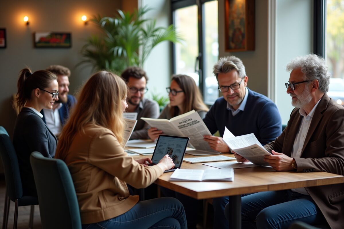 Groupe de personnes discutant et travaillant ensemble dans un café.