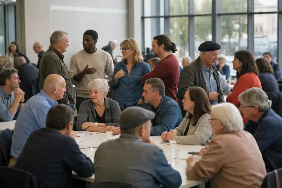 Groupe diversifié de personnes discutant dans un espace communautaire.