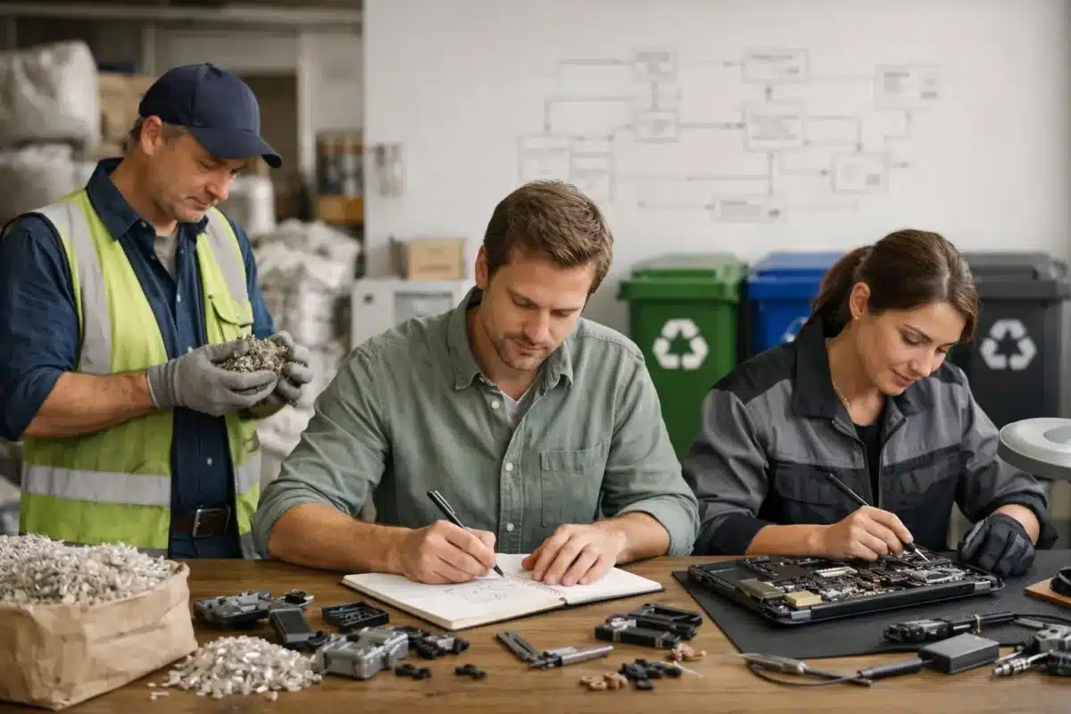 Trois travailleurs effectuant des tâches de recyclage et de réparation dans un atelier.