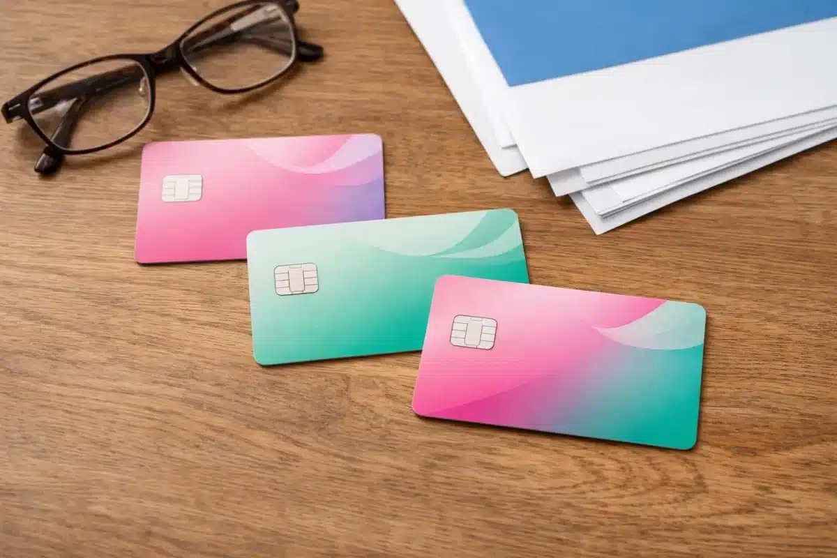 Cartes de crédit colorées sur un bureau avec des lunettes.