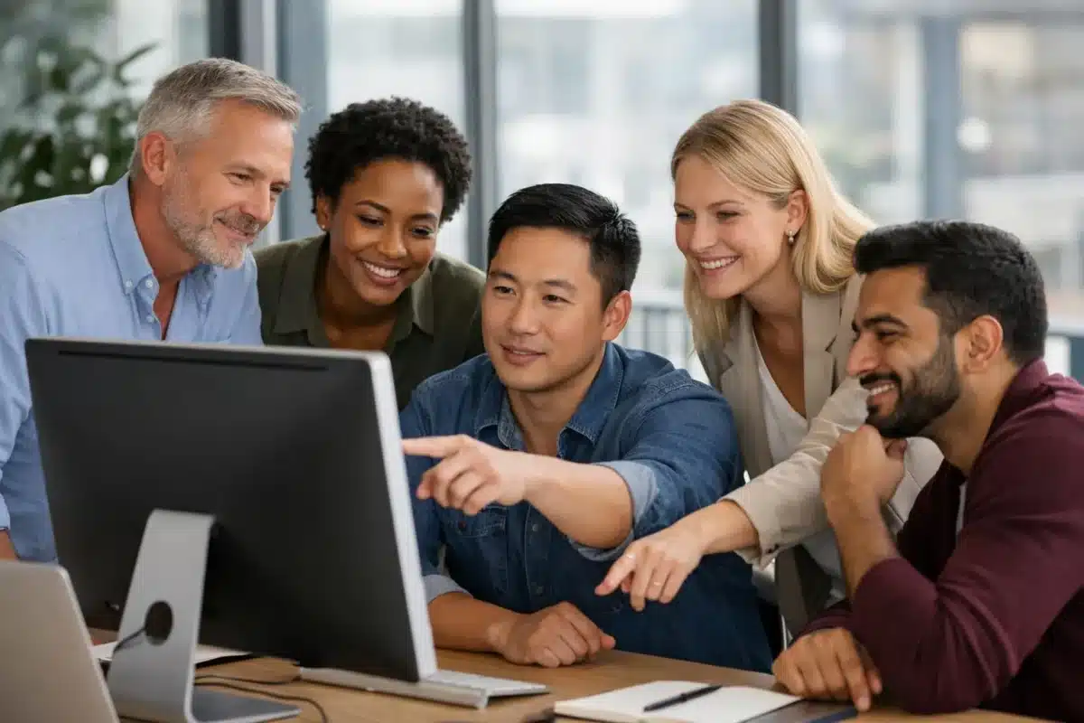 Équipe diversifiée de collègues collaborant sur un projet informatique.