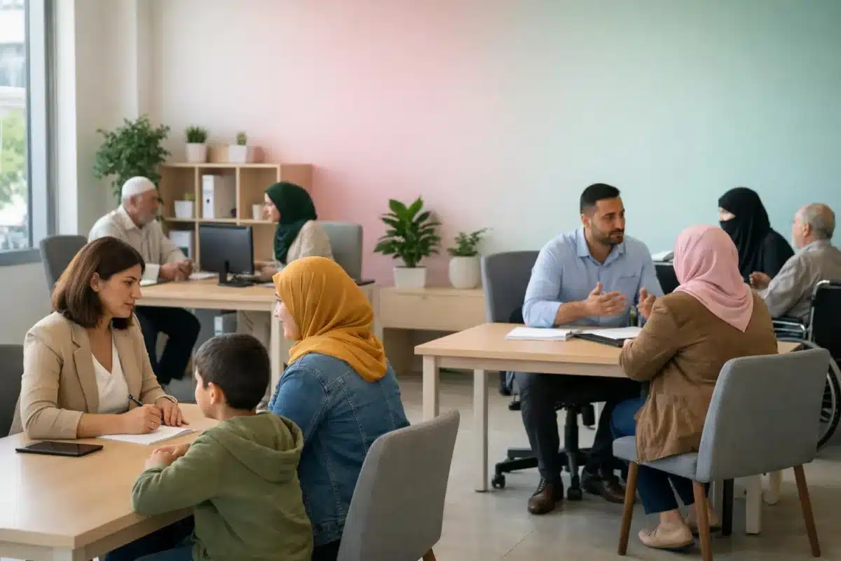 Groupe de personnes diverses dans un espace de travail collaboratif.