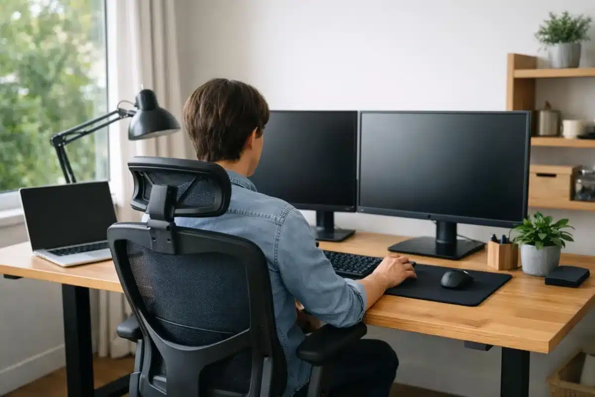 Homme travaillant sur un ordinateur portable dans un bureau à domicile.