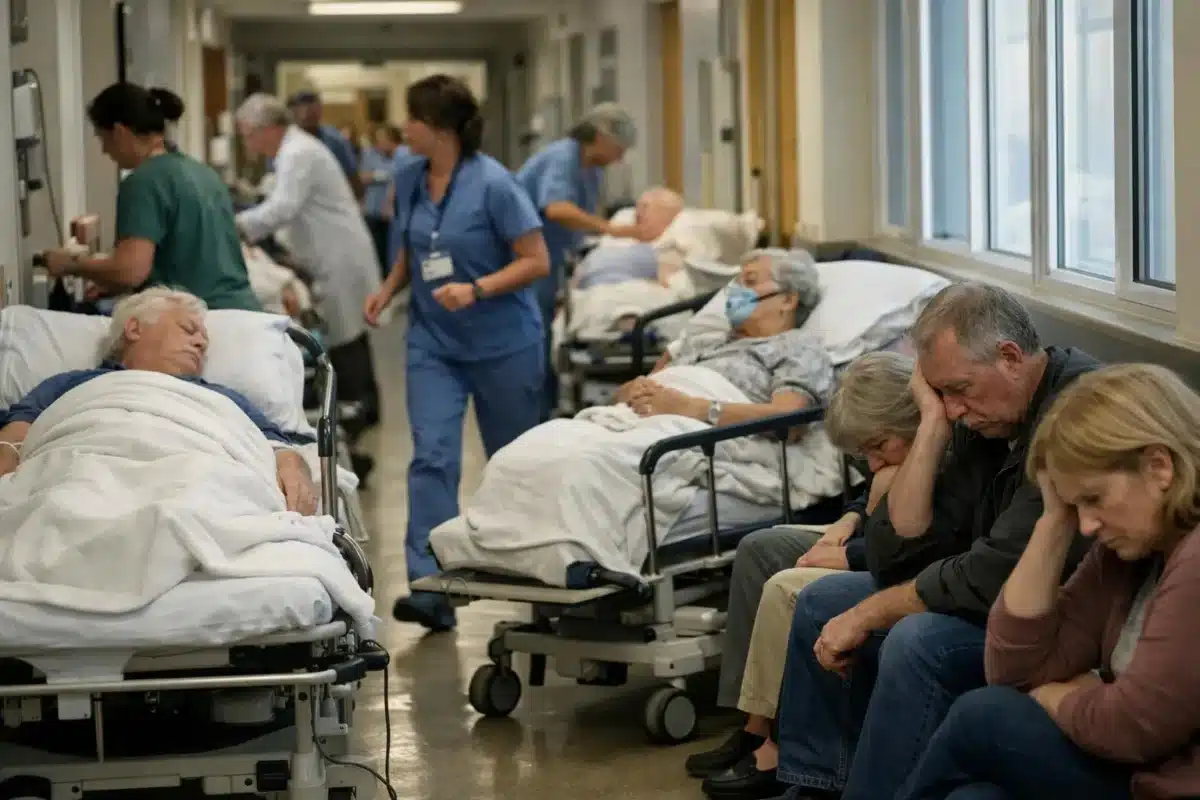 Patients hospitalisés dans un couloir d'hôpital, entourés de personnel médical.