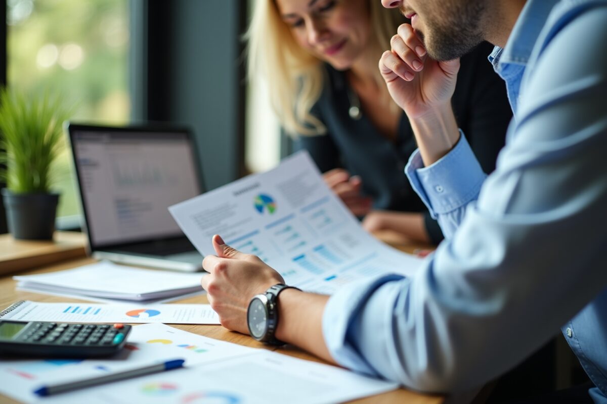 Deux personnes analysant des documents et des graphiques sur un bureau.