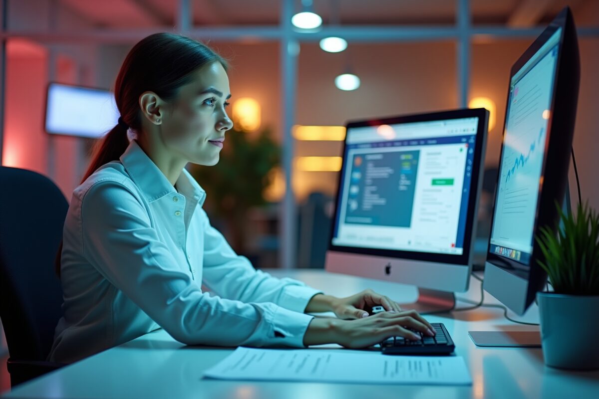 Femme concentrée travaillant sur ordinateur dans un bureau sombre.