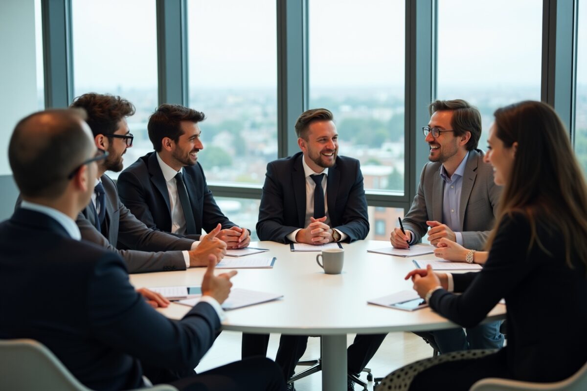 Groupe de professionnels en costume discutant autour d'une table de réunion avec vue panoramique.