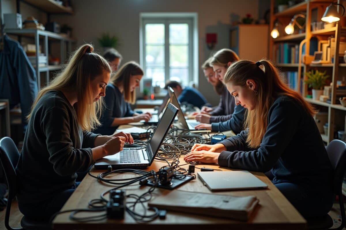 Groupe d'étudiants travaillant sur des projets informatiques dans une salle de classe.