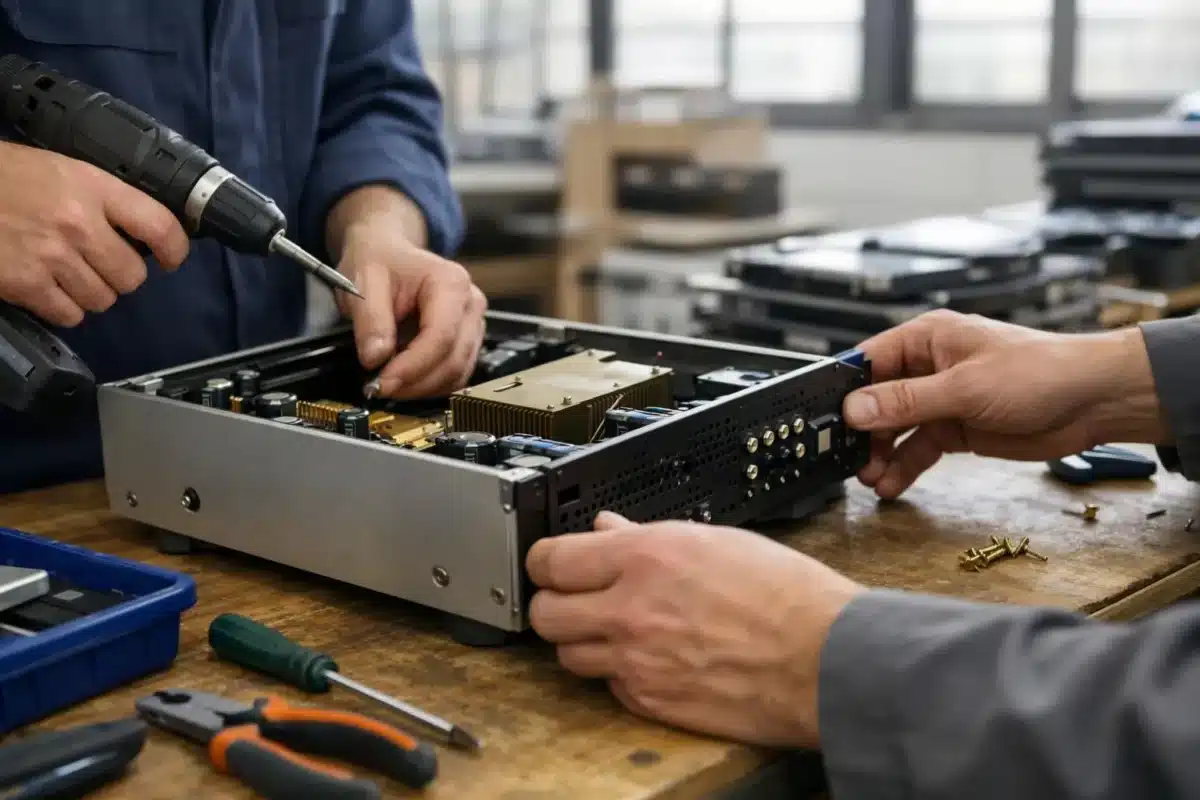 Réparation et maintenance d'un équipement électronique complexe dans un atelier.