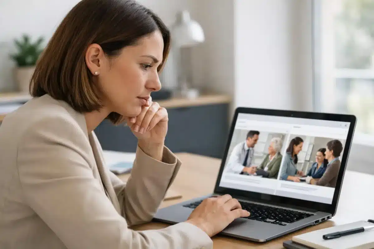 Femme d'affaires concentrée examinant un ordinateur portable avec une réunion en ligne.