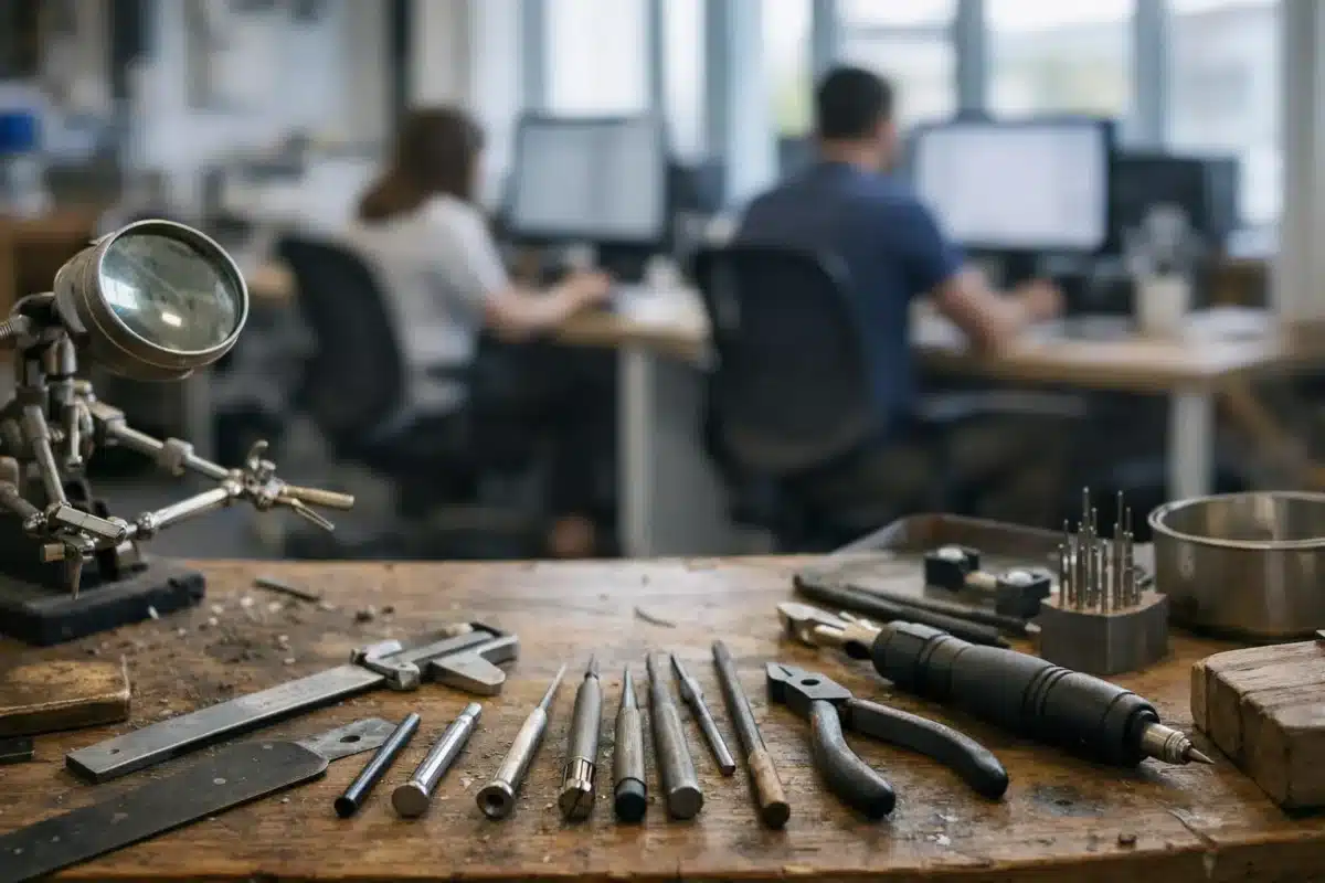 Atelier de travail avec outils et équipements sur un établi en bois.