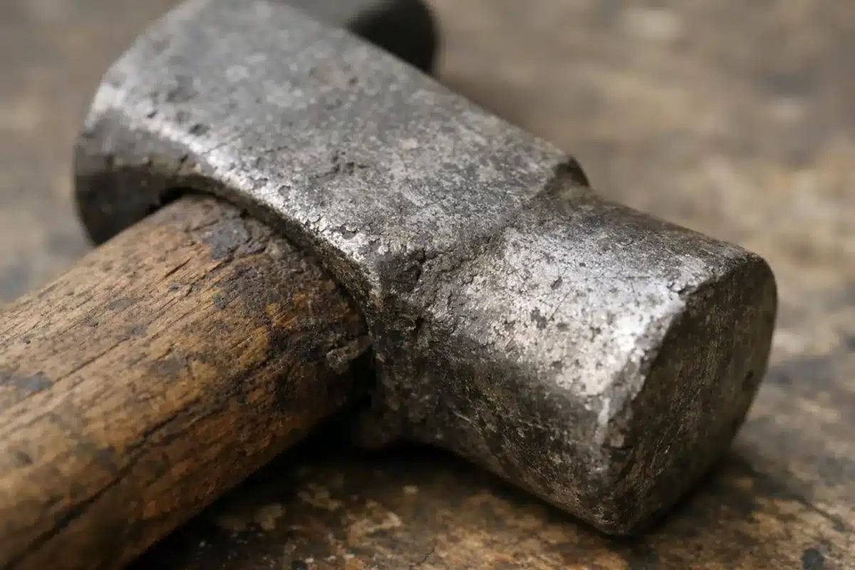 Vieux marteau en métal rouillé sur un bois usagé.