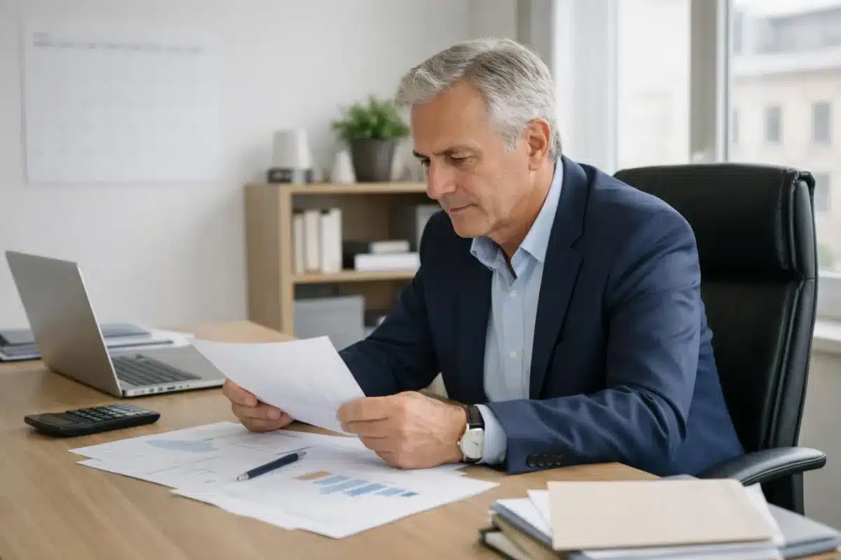 Homme d'affaires âgé travaillant sur des documents dans son bureau.