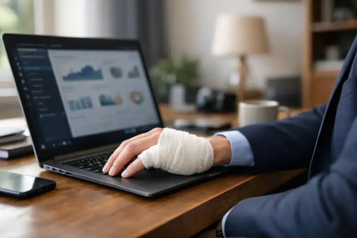 Homme d'affaires blessé travaillant sur un ordinateur portable.