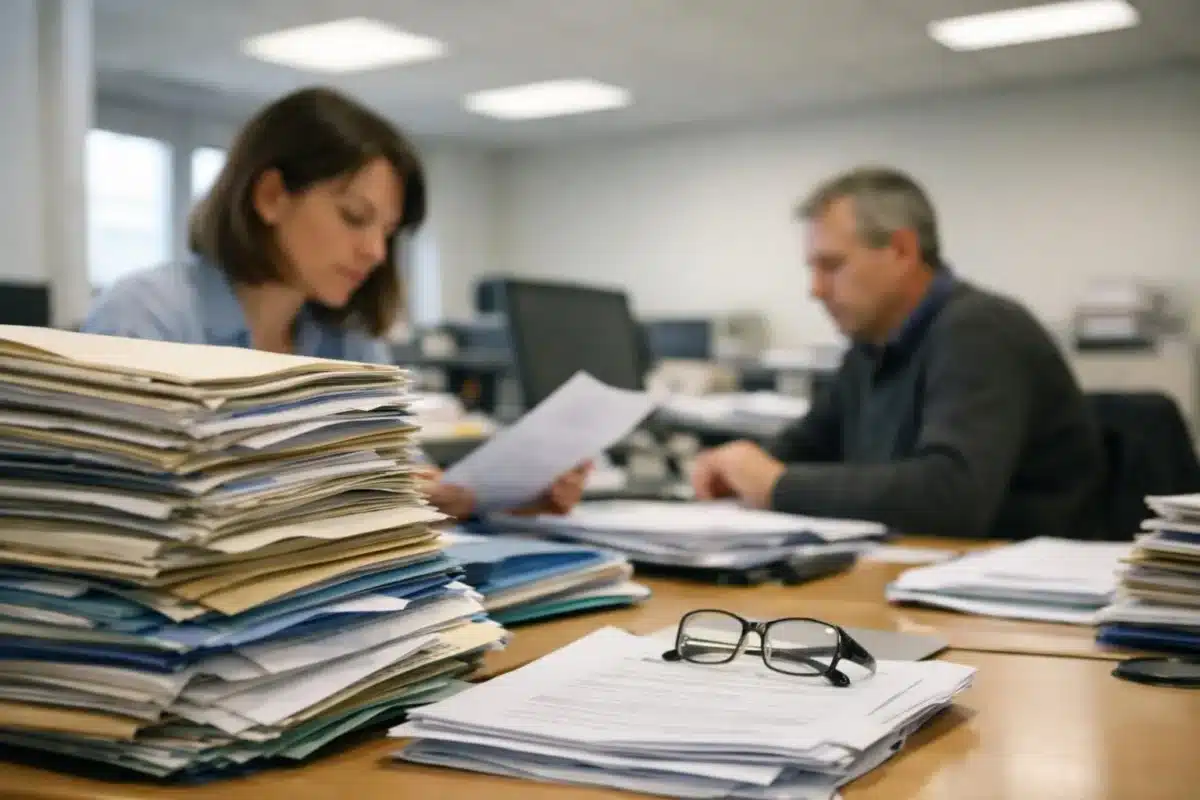Bureau encombré de documents et de dossiers, avec deux personnes travaillant.