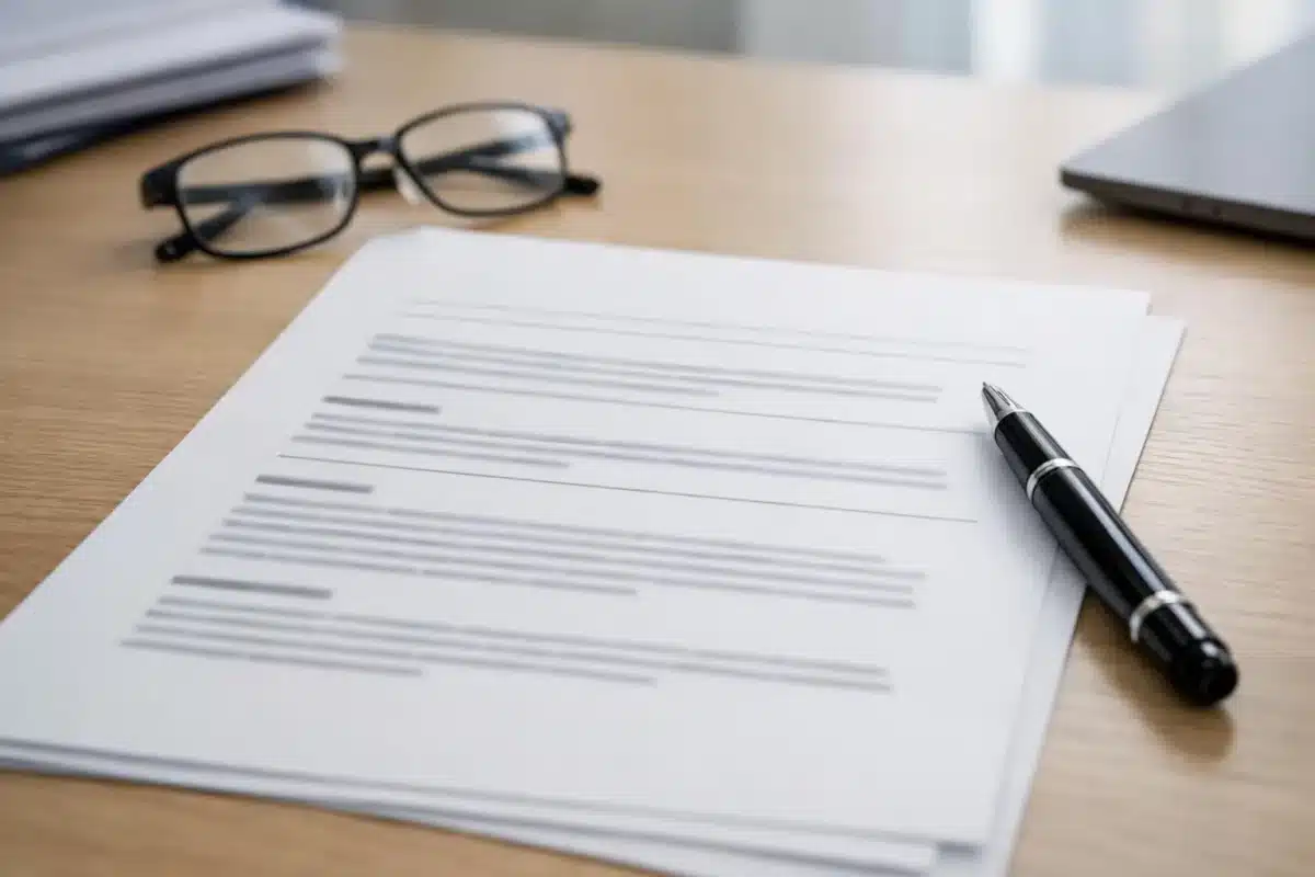 Document de travail avec stylo et lunettes sur le bureau.