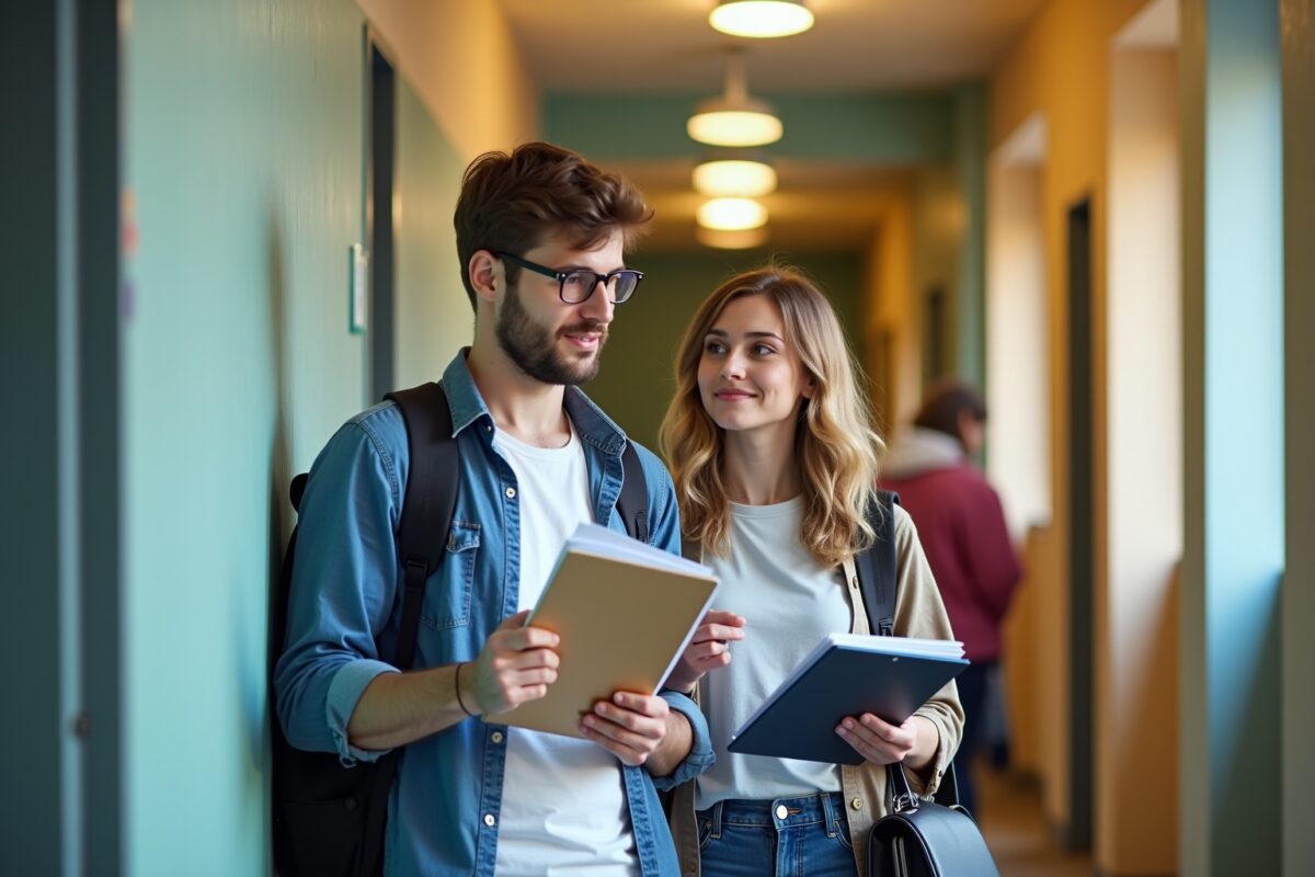 Deux étudiants dans un couloir d'université, tenant des documents.