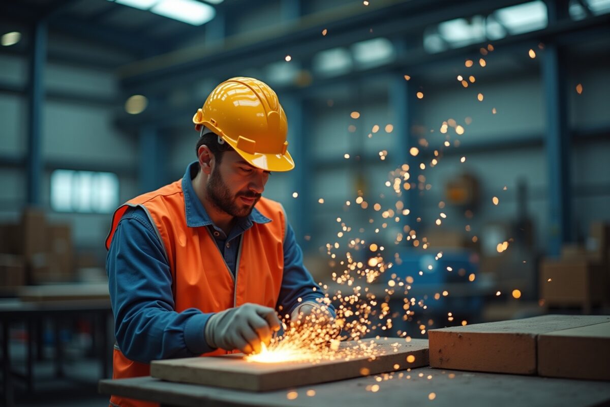 Ouvrier en unifier de sécurité soudant des étincelles dans un atelier industriel.