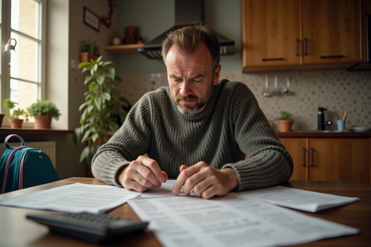 Homme barbu concentré sur des documents sur une table de cuisine.