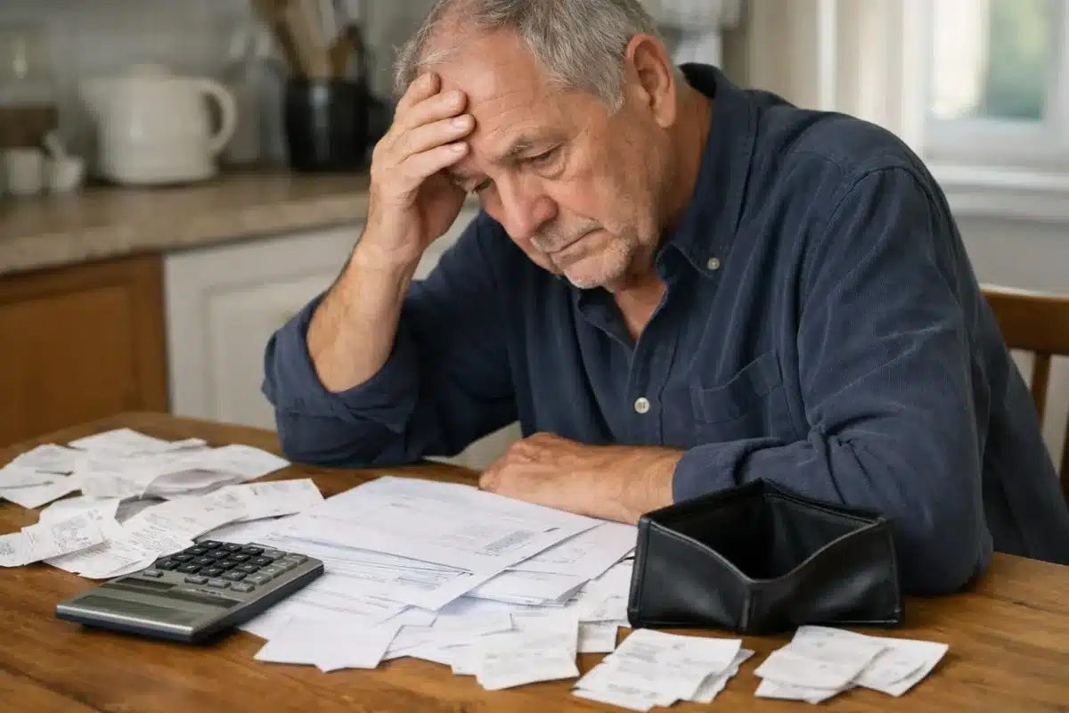 Homme âgé stressé par des factures et documents financiers.