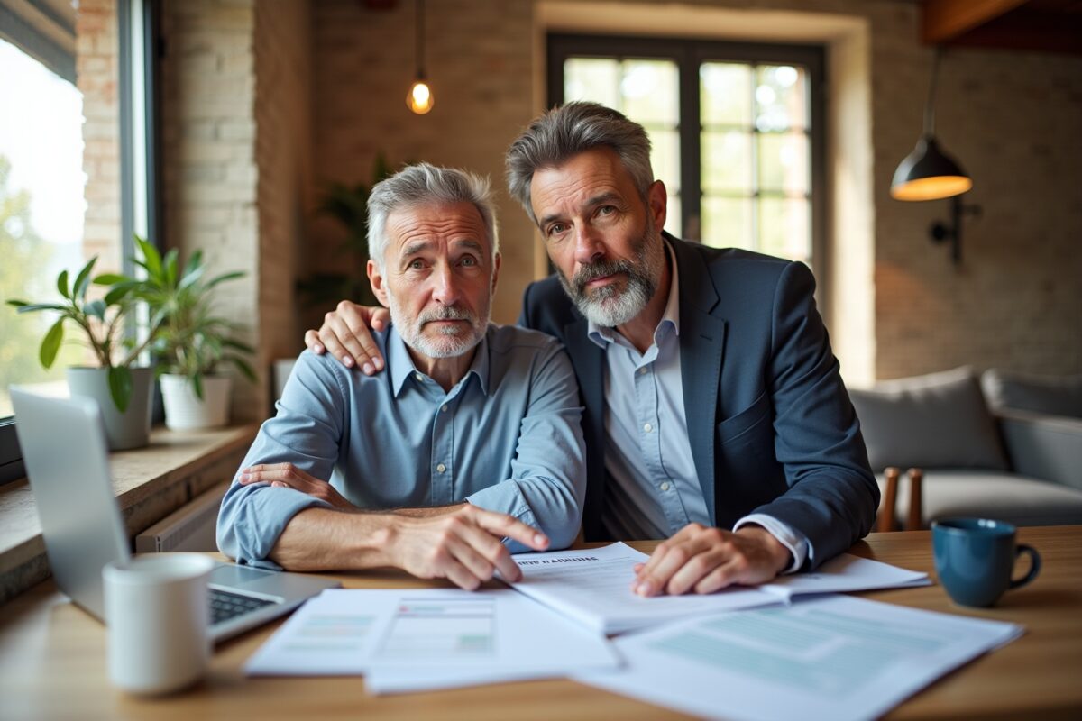 Deux hommes mûrs, l'un plus âgé que l'autre, assis ensemble et discutant de documents.
