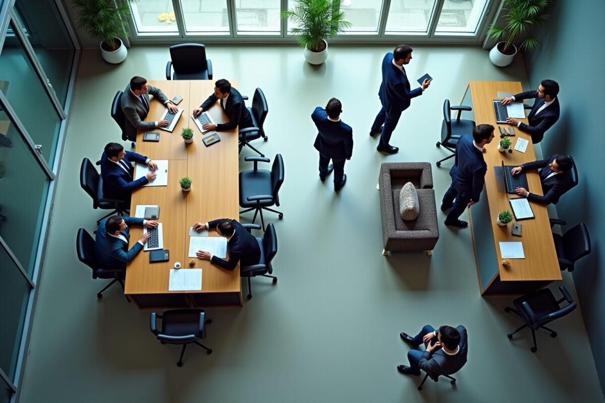 Réunion d'affaires dans un bureau moderne avec employés en costume.
