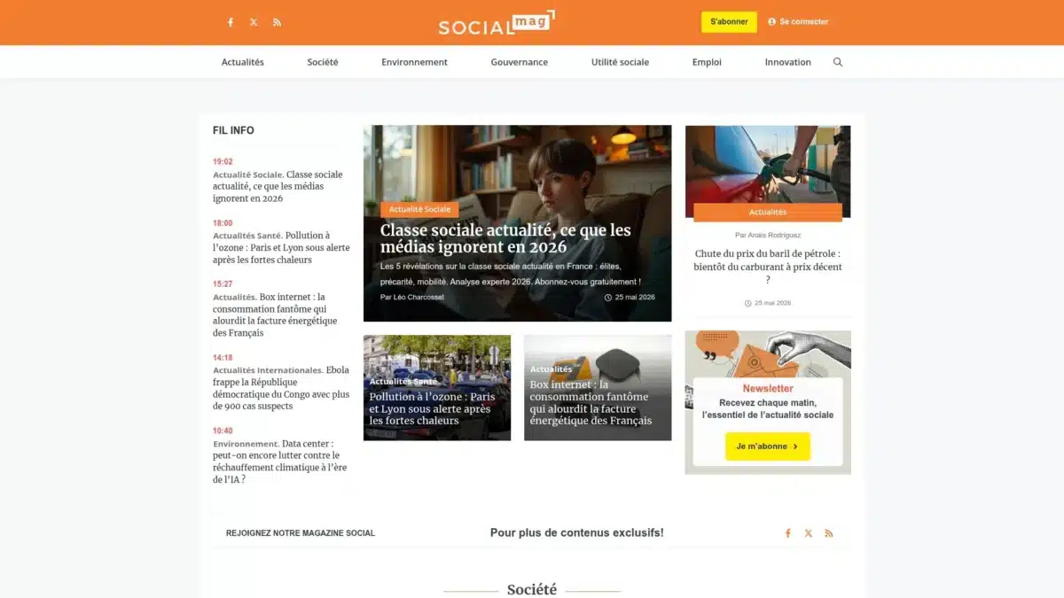 Site web d'actualités sociales avec des articles sur la classe sociale, la pollution et la consommation énergétique.