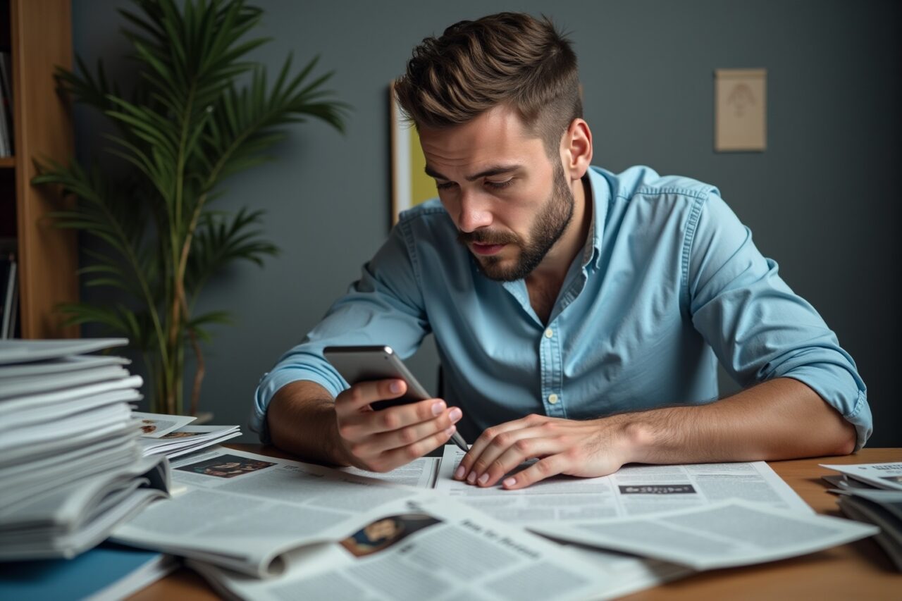 Un homme consulte son smartphone pour comparer les offres de newsletters d'actualité avec des journaux et magazines à côté.