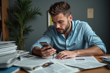 Un homme consulte son smartphone pour comparer les offres de newsletters d'actualité avec des journaux et magazines à côté.