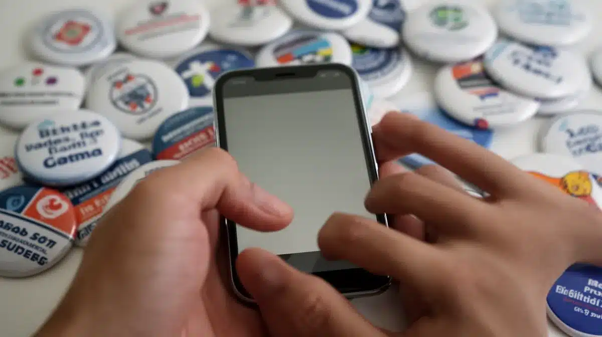 Militantisme social 2026 : main tenant un téléphone portable avec badges et boutons caritatifs pour une campagne en ligne.