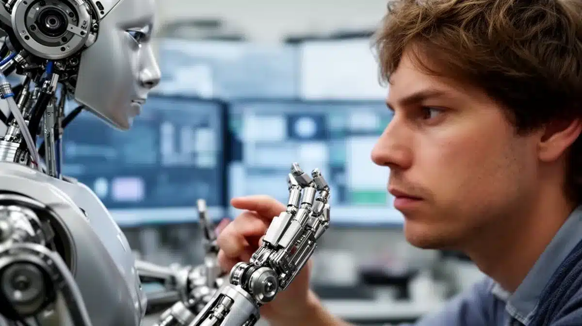 Un ingénieur français examine de près le bras mécanique d'un robot humanoïde dans un laboratoire, illustrant l'éthique et l'i