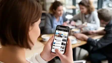 Femme consultant les actualités sociales récentes sur smartphone au café