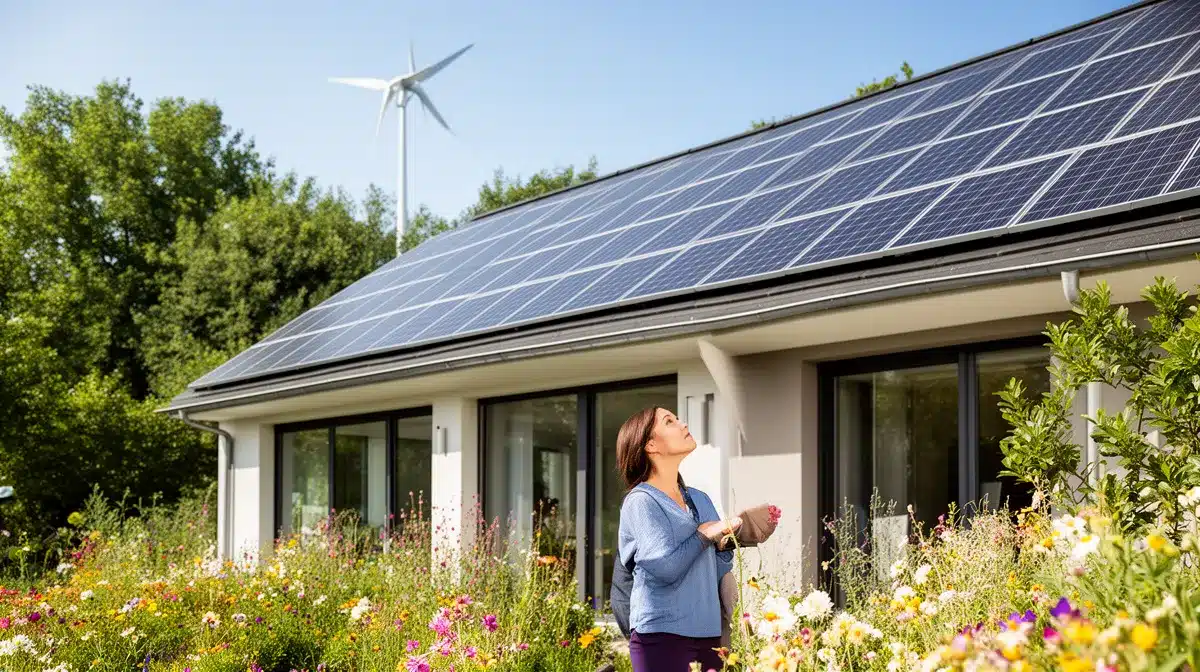 Maison équipée de panneaux solaires et d'un petit éolien, énergie renouvelable pour les particuliers en 2026.