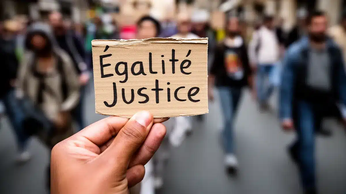 Main tenant un panneau de bois avec des mots écrits à la main sur les inégalités sociales