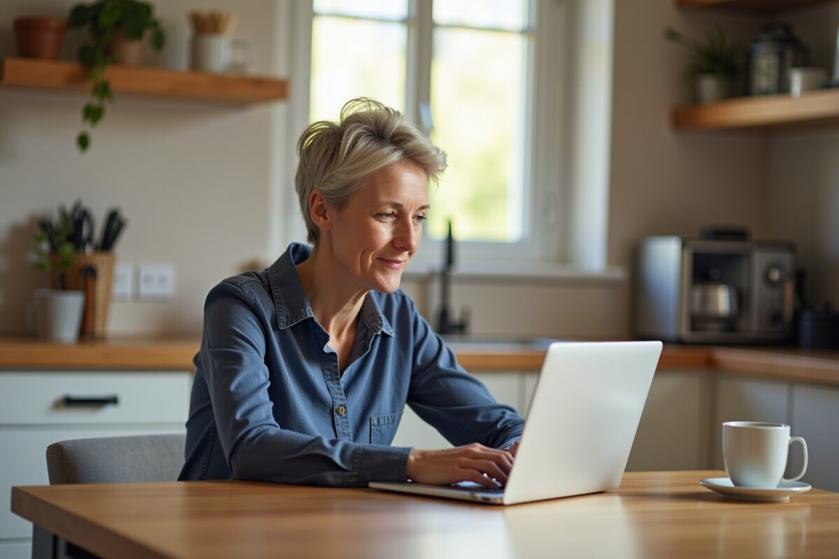 Femme d'affaires travaillant sur son ordinateur portable dans une cuisine moderne.