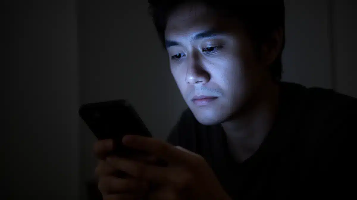 Homme asiatique concentré sur son téléphone dans l'obscurité.