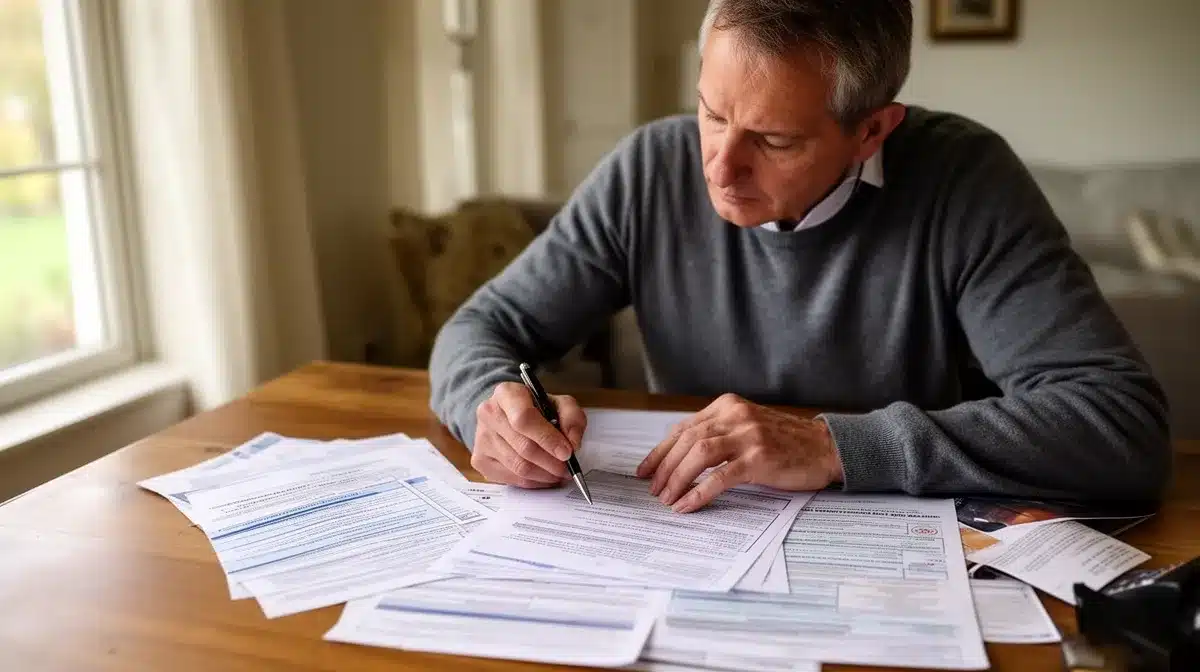 Homme mûr remplissant des formulaires administratifs sur une table.