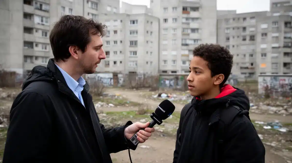 Deux hommes en discussion devant des immeubles délabrés.