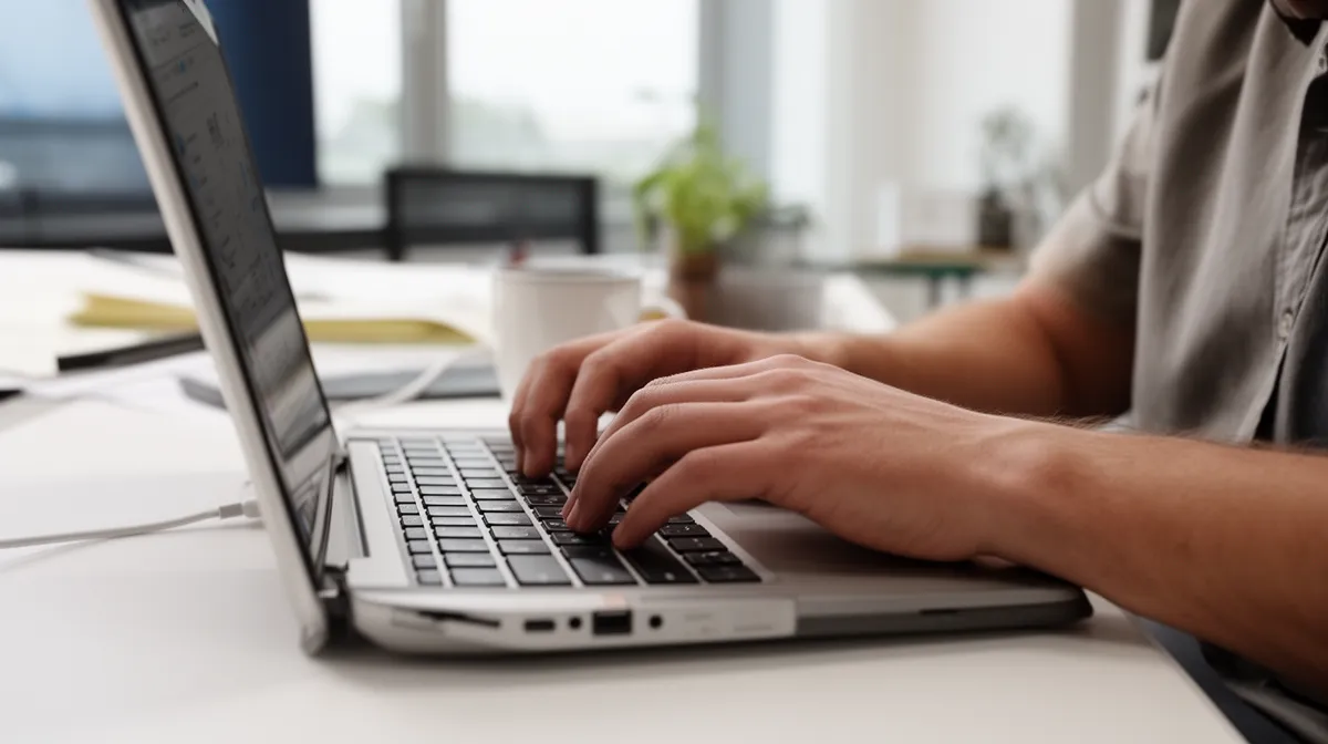 Mains tapant sur un clavier d'ordinateur portable dans un bureau lumineux.