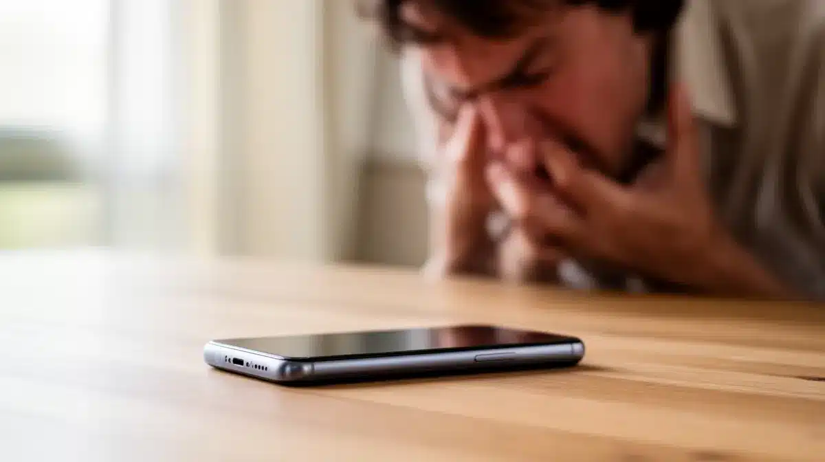 Smartphone noir posé sur une surface en bois, avec une personne pensive en arrière-plan.