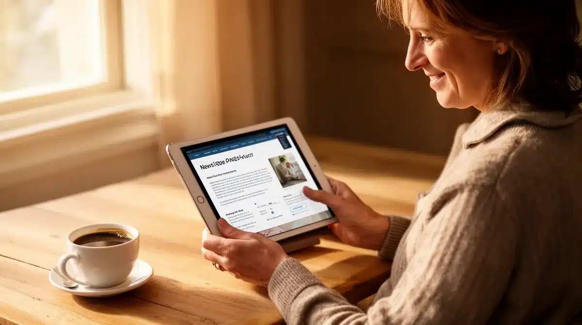 Femme souriante lisant des nouvelles sur une tablette numérique près d'une fenêtre.