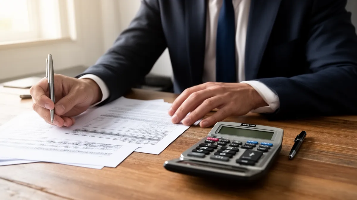 Homme d'affaires signant des documents avec calculatrice sur le bureau.