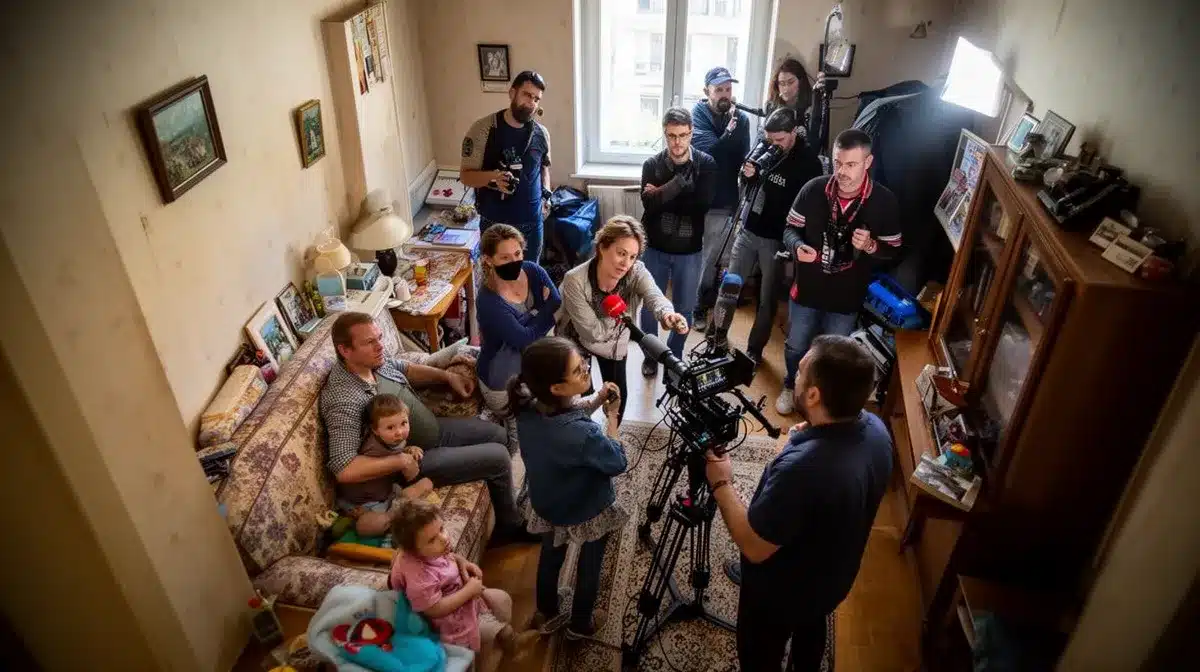 Groupe de personnes dans un appartement encombré, tournage de film ou émission.