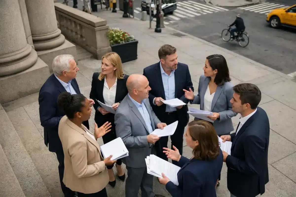 Groupe de professionnels discutant des documents en plein air.