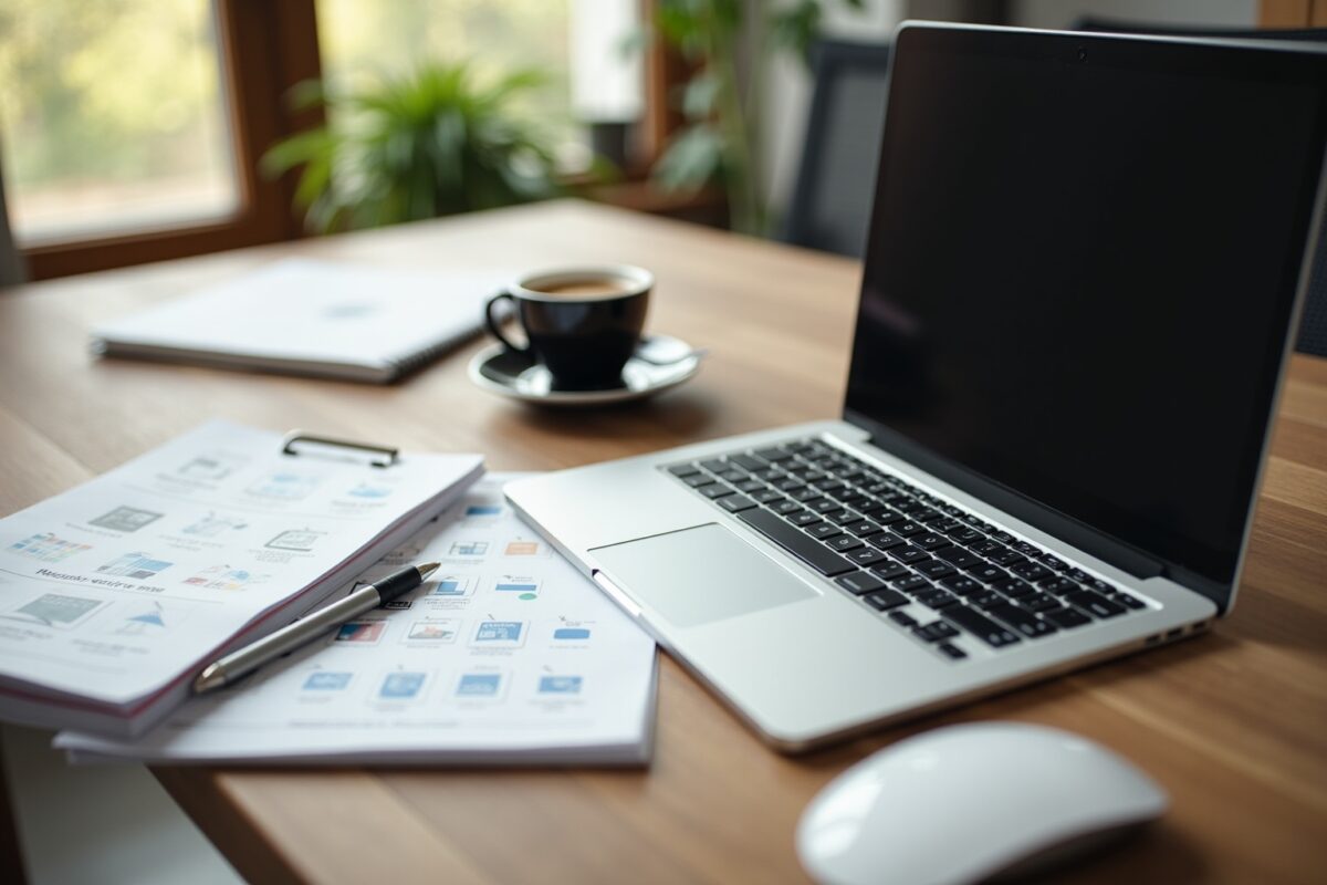 Bureau de travail avec ordinateur portable, tasse de café et documents.