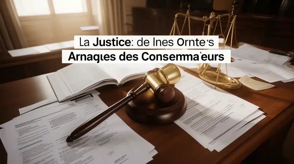 Tribunal de justice avec marteau du juge, documents juridiques et balance de la justice.