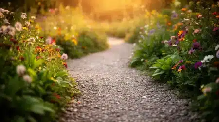 Prévention du burnout : un chemin de gravier dans un jardin fleuri vers un équilibre sain