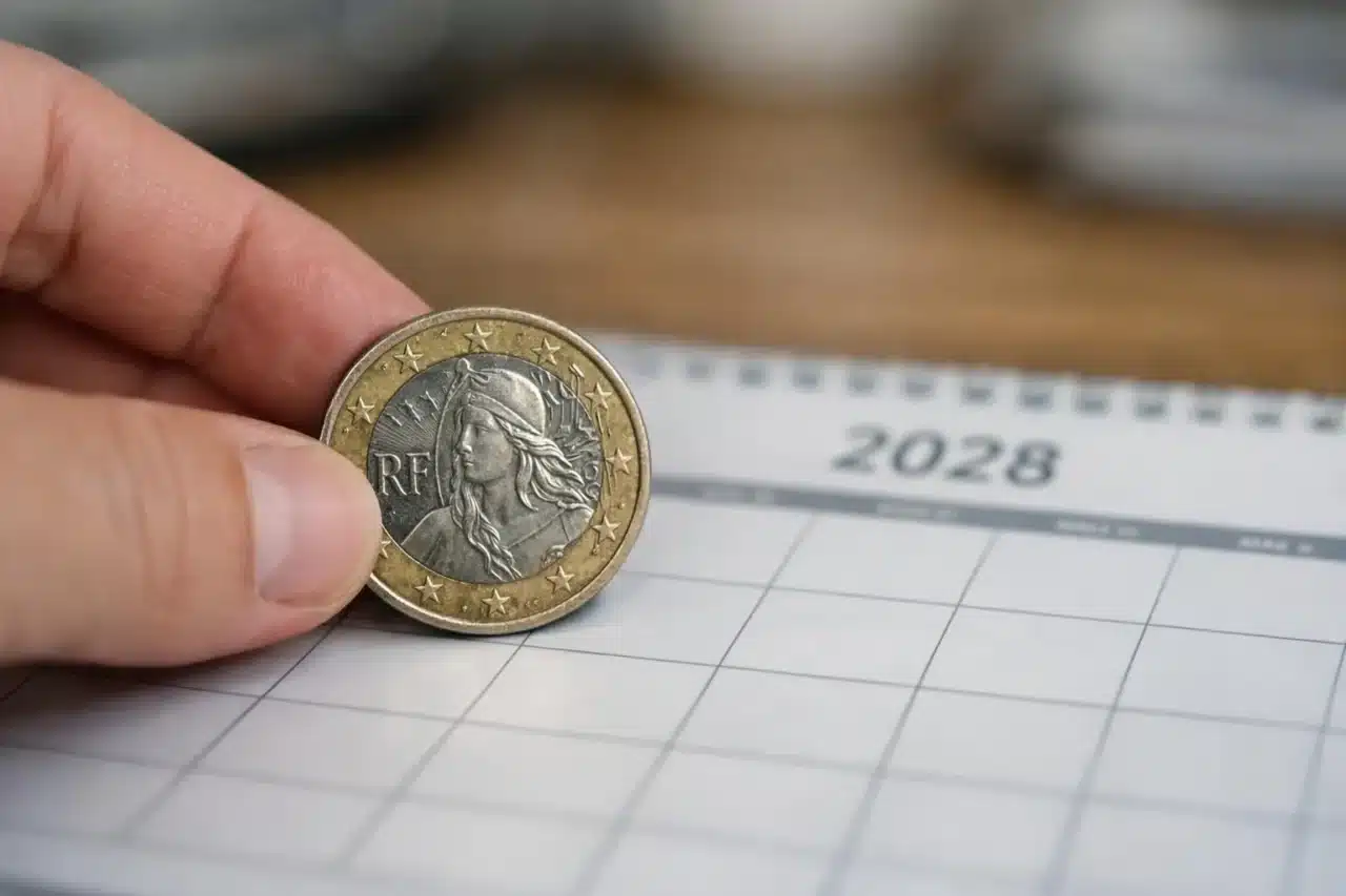 Main tenant une pièce de monnaie et un calendrier pour illustrer le futur des retraites en France d'ici 2028.