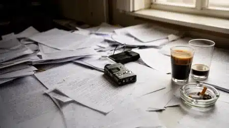 "Un bureau de journaliste désordonné avec papiers et notes, ambiance de travail engagé"