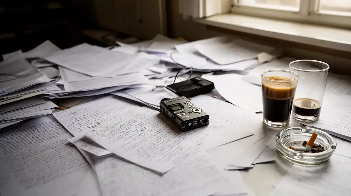 "Un bureau de journaliste désordonné avec papiers et notes, ambiance de travail engagé"